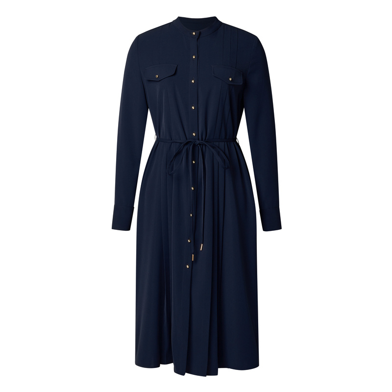 BCBG新款早秋时尚流行百搭气质优雅压褶装饰斜纹长袖女士连衣裙