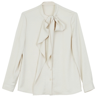 Lavinia 春秋新款女式白色雪纺衬衫长袖修身飘带法式气质上衣