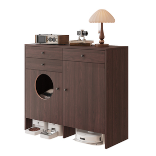 中古风扫地机器人猫窝一体收纳柜实木阳台柜置物柜猫窝边柜储物柜