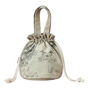 彩衣堂国风复古古画束口袋手提手拎女手机遛弯收纳水桶包文创礼物
