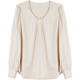 Lavinia 春新款真丝上衣女圆领褶皱设计感桑蚕丝重磅真丝衬衫