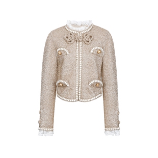 lefame拉飞姆贵气典雅盘扣结金色闪葱毛织上衣