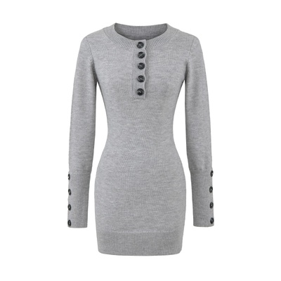 设计感圆领纽扣长袖修身连衣裙女