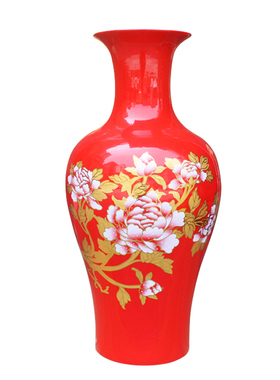 红色大号落地插花花瓶描金陶瓷器