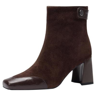 星期六2025新款法式方头粗跟短靴女高跟百搭通勤瘦瘦靴厚底时装靴