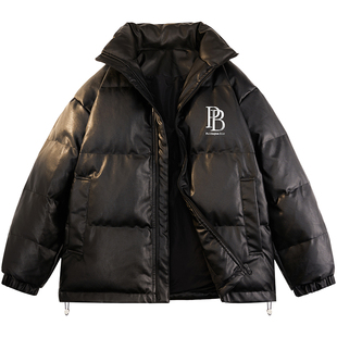帕丁顿熊简约Logo印花Pu皮宽松防风保暖加厚羽绒服外套男女同款