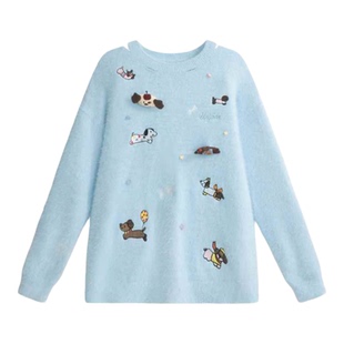 UNIFREE蓝色貂毛套头毛衣小狗刺绣韩系宽松保暖不规则破洞上衣