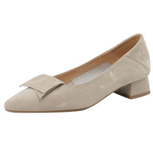 达芙妮尖头单鞋女2026新款新中式旗袍女鞋浅口粗跟皮鞋裸色高跟鞋