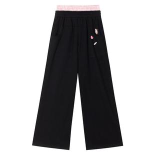 KEIKO 甜系拼色松紧腰阔腿裤秋季新款绣标图案垂感直筒休闲裤卫裤