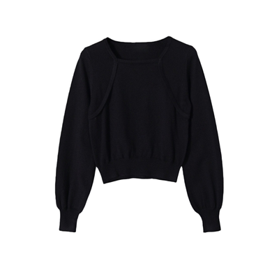 黑色方领针织衫女泡泡袖短款上衣