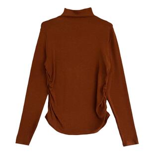 耨米绵阳棉~韩国砖红色气质半高领褶皱腰长袖t恤秋冬柔软内搭打底