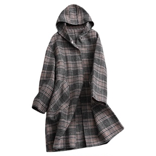 绵羊毛复古格纹双面呢连帽长款大衣宽松显瘦长袖女装毛呢外套Q049