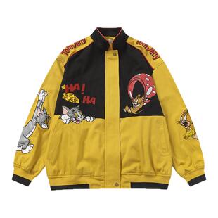 潮牌嘻哈街头风中性风撞色拼接刺绣卡通保暧夹棉棒球服外套男女