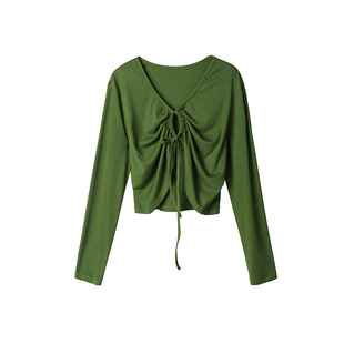 【到手69元】纯色V领纯欲短款抽绳薄款长袖罩衫夏天防晒宽松上衣