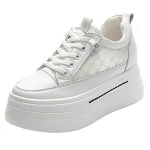 厚底小白鞋女夏季薄款网面2026新款真皮百搭透气松糕鞋内增高女鞋