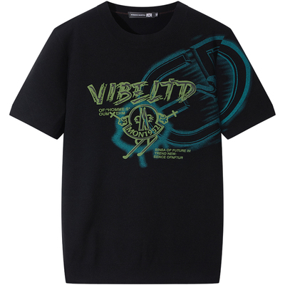 BM男士高端针织衫短袖美式高街男款毛衣2025新款潮牌字母印花秋季