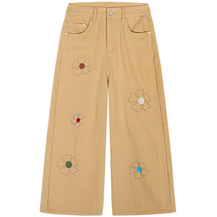 今屿花花牛仔裤女2025新款冬卡其色裤子小个子阔腿裤刺绣加绒高腰