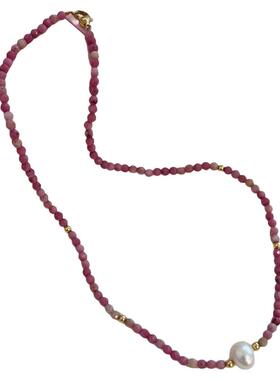 粉樱|天然石红纹水晶项链淡水珍珠天然贝母钛钢简约通勤锁骨链女