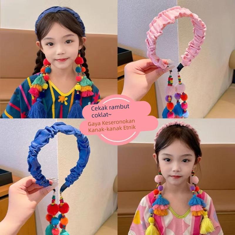 儿童复古刺绣民族风发箍彩色球球流苏头饰2025新款小女孩宽边头箍