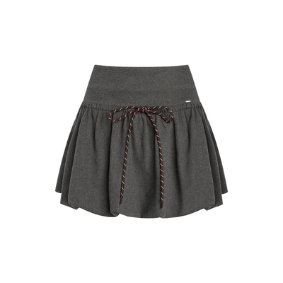 撞色裤绳高腰毛呢花苞短款半身裙