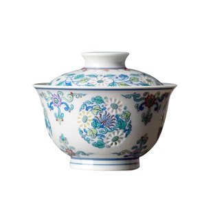 富玉窑青花斗彩五彩玲珑团菊盖碗景德镇手工功夫茶具茶碗茶器茶道