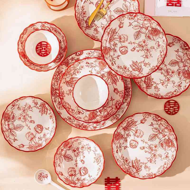 结婚用陶瓷餐具套装礼盒碗碟釉碗全套礼品结婚新婚碗盘下彩喜中式