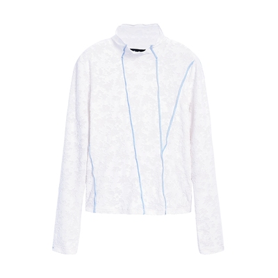 Desigual25秋冬新品白色弹力烂花撞色明线高领打底衫女士T恤