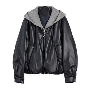 ELLE90白鸭绒针织连帽羽绒服女2025冬新款轻薄加绒保暖皮衣短外套