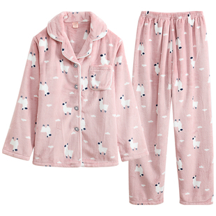 【五折】美标秋冬北极绒提花加绒女印花家居服珊瑚绒睡衣