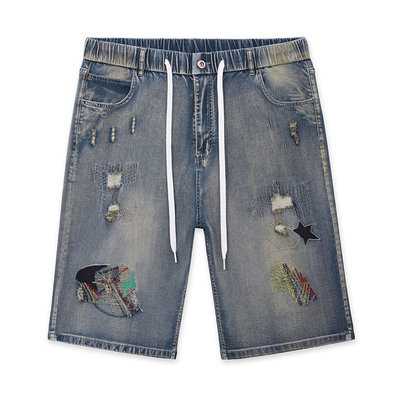 潮五分裤水洗夏季破洞补丁牛仔裤