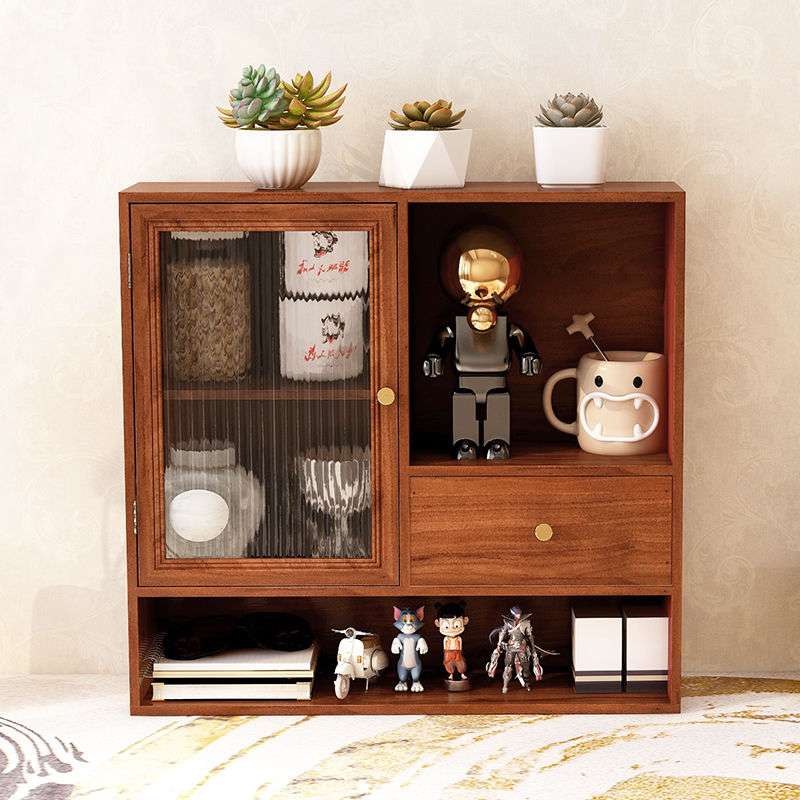 复古杯子置物柜桌面化妆品展示架子抽屉实木质茶具玻璃收纳盒防尘