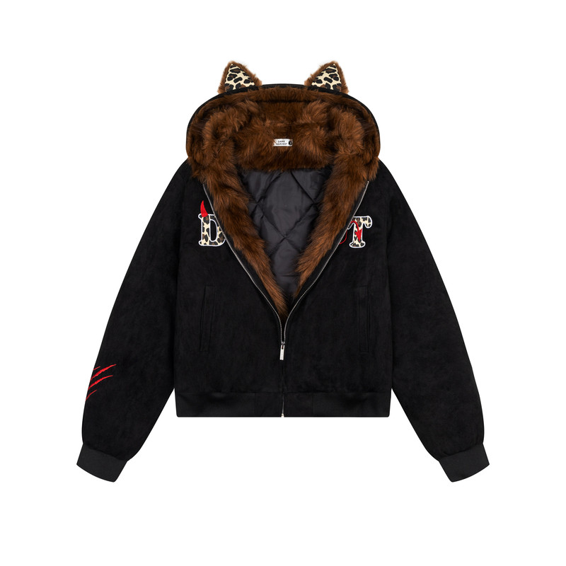 美式复古豹纹耳朵连帽座山雕棉服