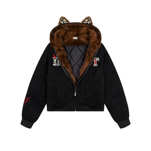 Amoeba美式复古豹纹耳朵座山雕连帽加厚夹棉外套男女冬季棉服夹克