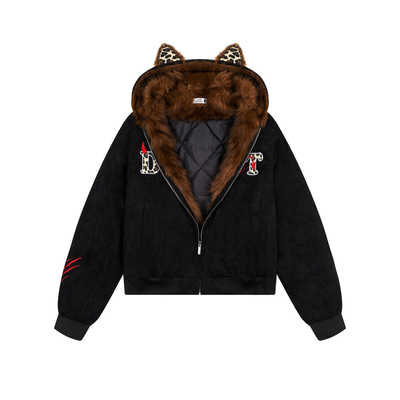 美式复古豹纹耳朵连帽座山雕棉服