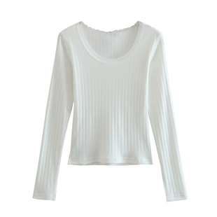 Brandy Girl蕾丝边圆领孔眼白色bm长袖T恤打底衫辣妹显瘦上衣