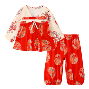 龙喜年周岁女宝宝礼服纯棉新中式国风长袖红色生日抓周宴高端套装