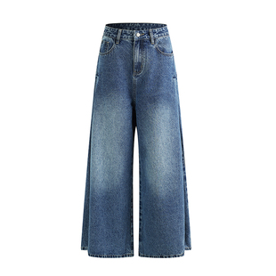 美式复古高腰褶皱结构设计感牛仔裤女时尚宽松百搭显瘦拖地阔腿裤