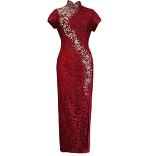 枣红色出阁宴喜妈妈敬酒服旗袍 秋冬新款结婚喜婆婆长款高端礼服