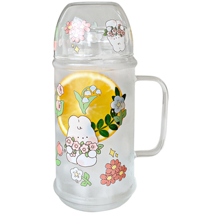 卡通玻璃杯大容量耐高温喝水杯子高颜值宿舍用家用带手柄1L饮水壶
