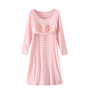 莫代尔纯棉女带胸垫长袖睡裙宽松加大码罩杯一体免文胸睡衣家居服