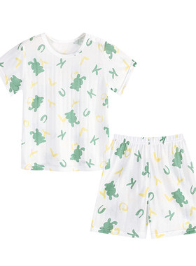 浪莎儿童睡衣套装夏季短袖短裤竹纤维男孩女孩空调服家居服熊猫
