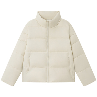 Halo Luu米白色羽绒服女冬季白鸭绒宽松设计感立领面包服加厚外套