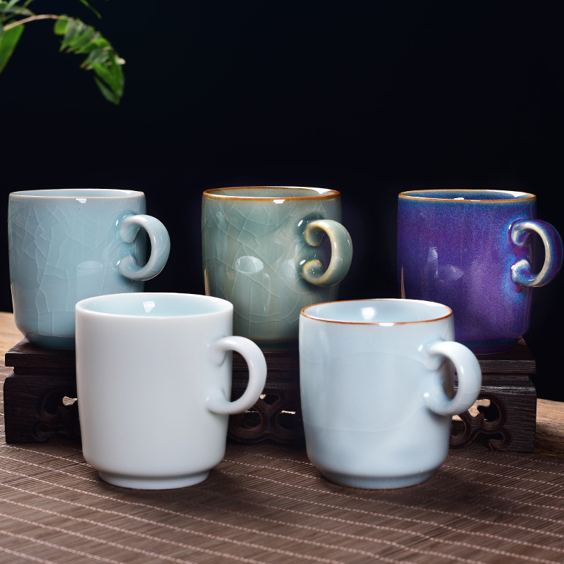 哥汝定钧窑防烫陶瓷功夫茶杯小号杯子带把茶具家用套装迷你主人杯