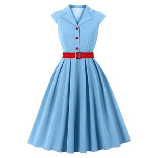 港风复古文艺年代感无袖翻领收腰大摆连衣裙气质优雅淑女裙子长裙