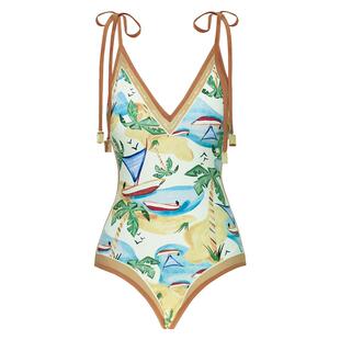 visual mood法式泳衣女复古黄沙滩双面印花显瘦温泉度假连体泳衣