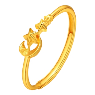 老庙黄金足金999梦幻星月活口戒指童话梦境氛围小星星月亮送礼物