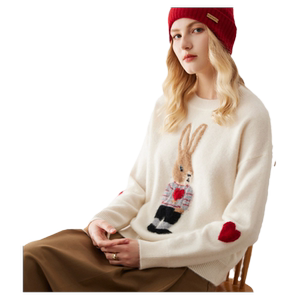 圆领兔子绣花羊绒衫女宽松秋冬新款加厚100%纯山羊绒针织打底毛衣