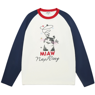 双高胎同款GUUKA猫咪纯棉长袖T恤男情侣装美式撞色拼接插肩袖上衣