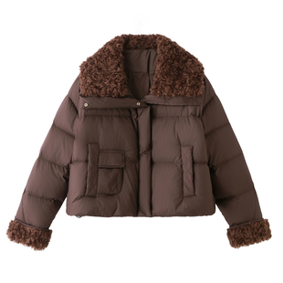 ERAL艾莱依羊羔毛拼接短款羽绒服女白鸭绒2025冬保暖时尚洋气外套