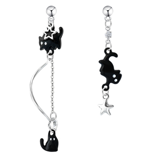 黑色小猫咪银色流苏耳环长款不对称可爱甜酷风耳夹无耳洞耳饰耳钉